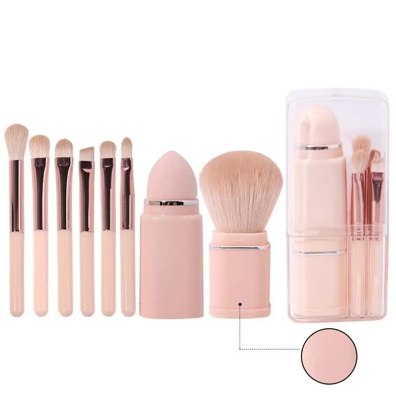NNEDSZ Pink 8-in-1 Retractable Mini Makeup Brush Set with Protective Cover - Compact Design for Travel and On-the-Go Touchups