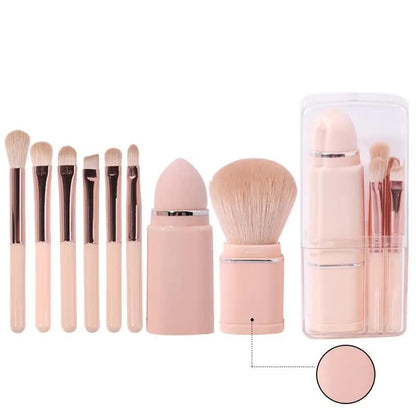 NNEDSZ Pink 8-in-1 Retractable Mini Makeup Brush Set with Protective Cover - Compact Design for Travel and On-the-Go Touchups