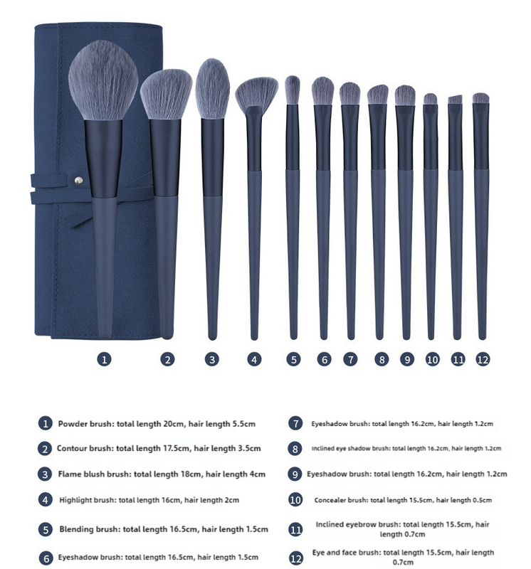 NNEDSZ Dark Blue 12-Piece Professional Makeup Brush Set with Cosmetic Bag - Premium Synthetic Fiber, Wooden Handle, Aluminum Tube