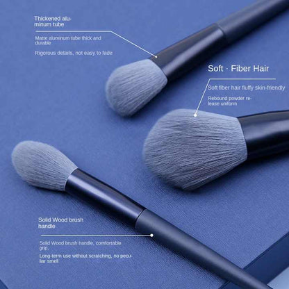 NNEDSZ Dark Blue 12-Piece Professional Makeup Brush Set with Cosmetic Bag - Premium Synthetic Fiber, Wooden Handle, Aluminum Tube