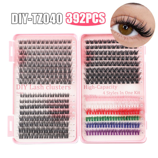 NNEDSZ 392 Eyelashes Set DIY Lash Clusters Kit - High-Capacity 4 Styles with Black and Colorful Lashes