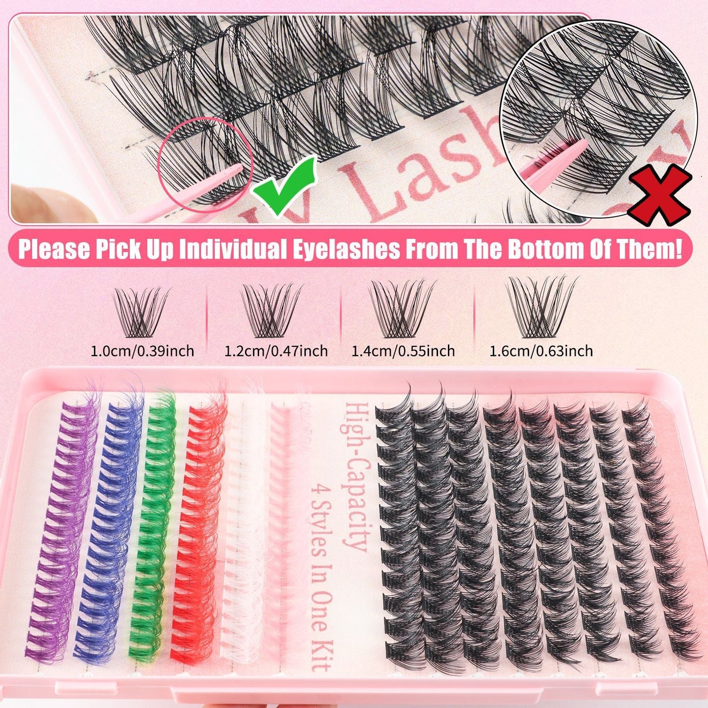 NNEDSZ 392 Eyelashes Set DIY Lash Clusters Kit - High-Capacity 4 Styles with Black and Colorful Lashes