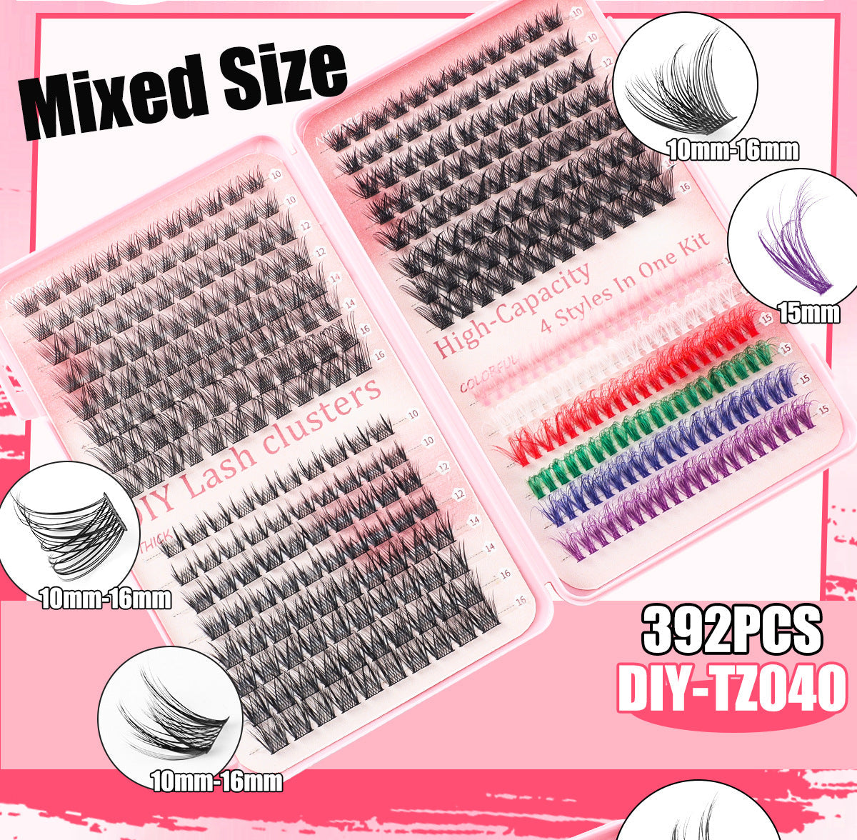NNEDSZ 392 Eyelashes Set DIY Lash Clusters Kit - High-Capacity 4 Styles with Black and Colorful Lashes