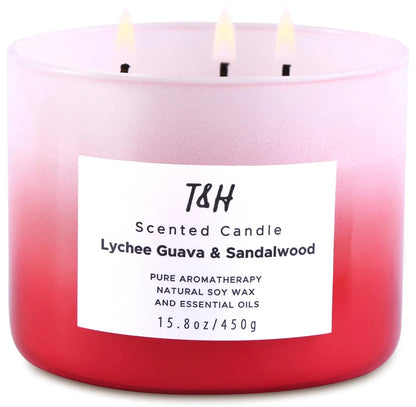 Lychee Guava Sandalwood Candle | Large 3-Wick Highly Scented Candle | Natural Soy Candle for Home 15.8 oz | Refreshing Tropical Fruity Scented Candle Aromatherapy Stress Relief Candle for Women & Men