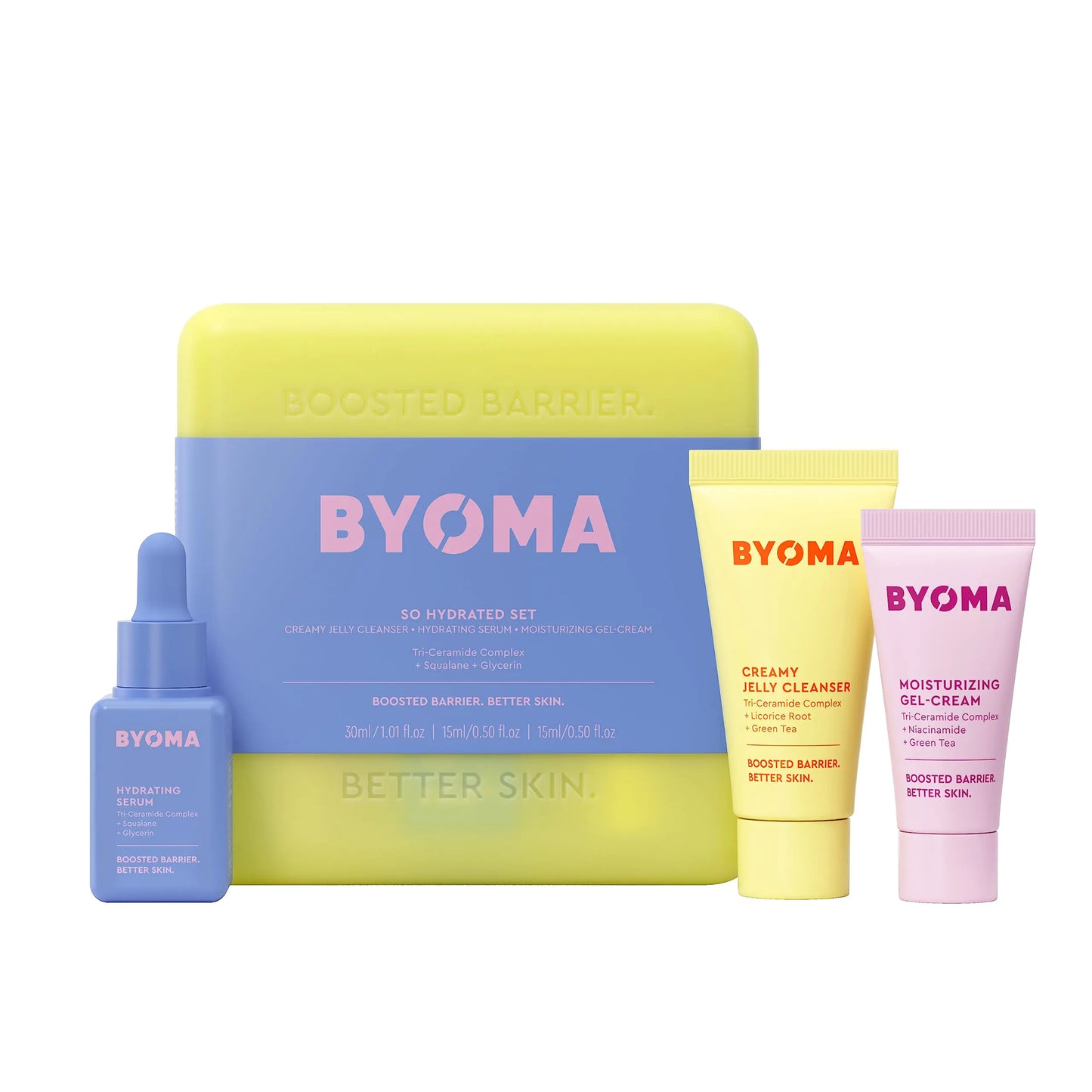 BYOMA So Hydrating Set - Barrier Repair Skincare Set - Creamy Jelly Cleanser Hydrating Face Serum & Ceramide Face Moisturizer for Dry Skin - Anti Wrinkle Alcohol Free Skin Care - 30ml 15ml 15ml