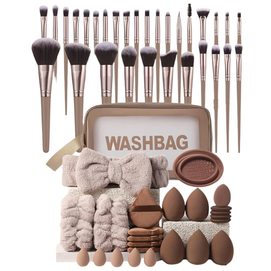 Coffee Makeup Brush Set with Sponges (55-Piece)
